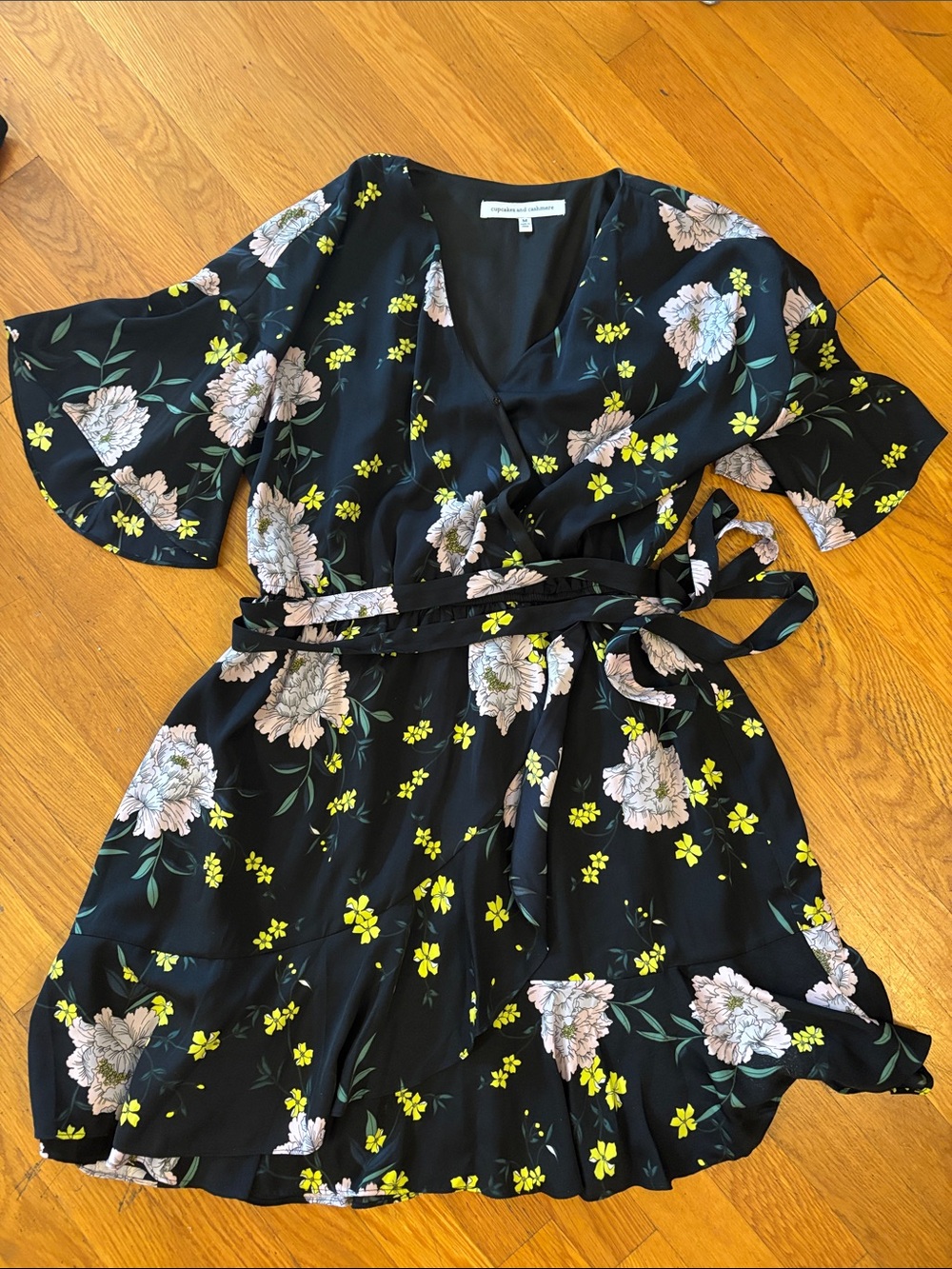 cupcakes & cashmere Black Floral Wrap Dress with Yellow and Pink Accents